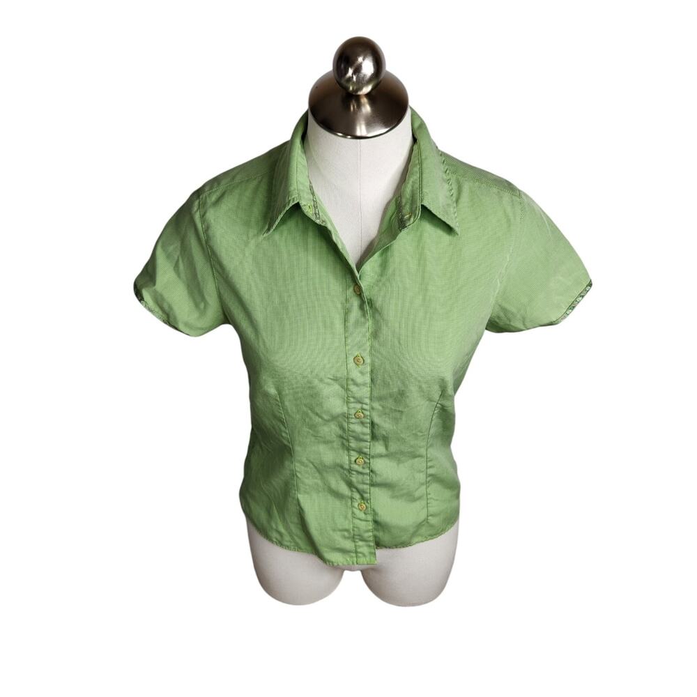 The North Face Button‎ Up Shirt Womens Size Small Green White Short Sleeve Modal